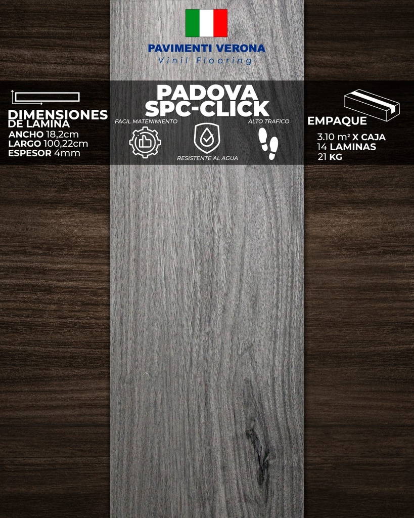 PISOS VINIL PAVIMENTI VERONA (PADOVA - CLICK) 4mm  (3,10m2/Caja) (Precio/mt² Con foam)