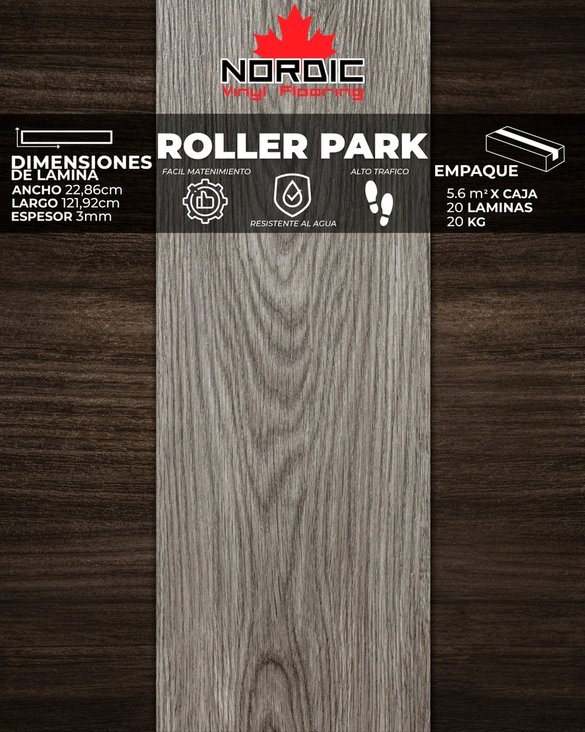 PISOS VINIL NORDIC (ROLLER PARK) 3mm (5,6m2/Caja) (Precio/mt² Con Pegamento)