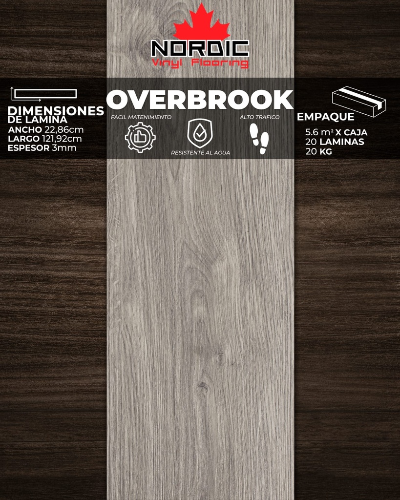 PISOS VINIL NORDIC (OVERBROOK) 3mm (5,6m2/Caja)   (Precio/mt² Con Pegamento)