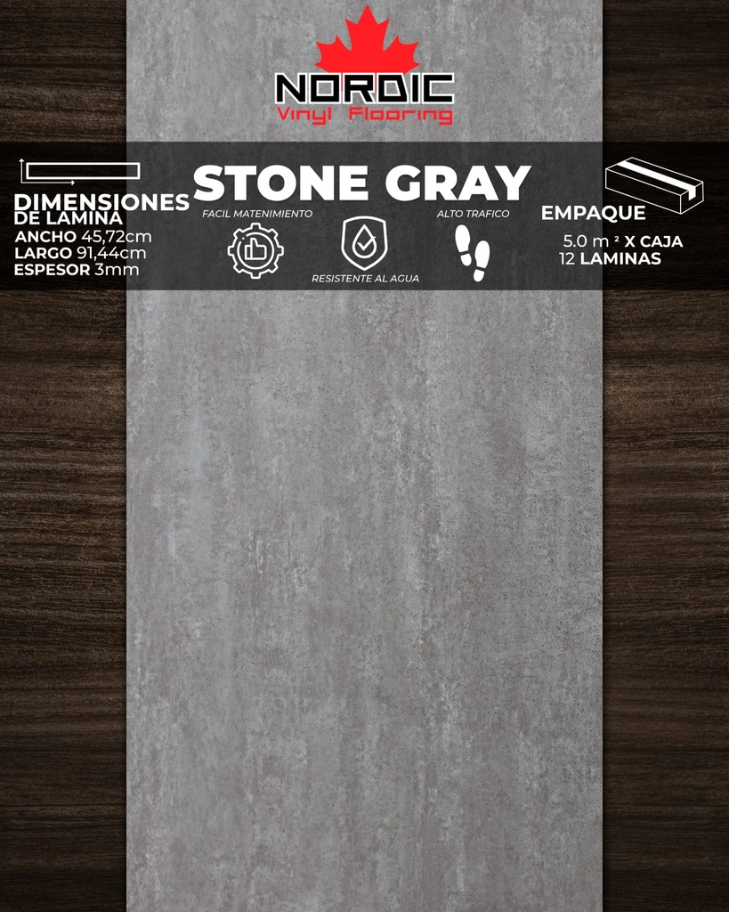 PISOS VINIL NORDIC STONE (STONE GRAY) 3mm, 45,72 X 91,44 (5m2/Caja)  (Precio/mt² Con Pegamento)