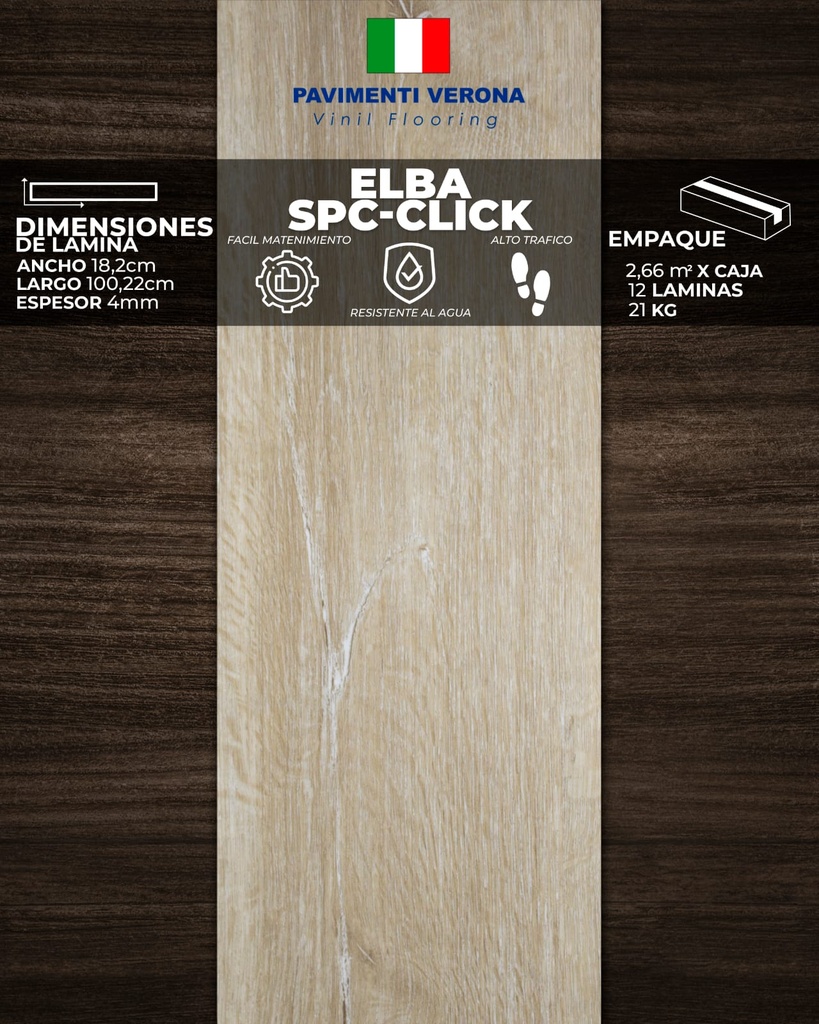PISOS VINIL PAVIMENTI VERONA (ELBA - CLICK) 4mm  (2,66m2/Caja)  (Precio/mt² Con Foam, Moldura PVC y RP PVC) 