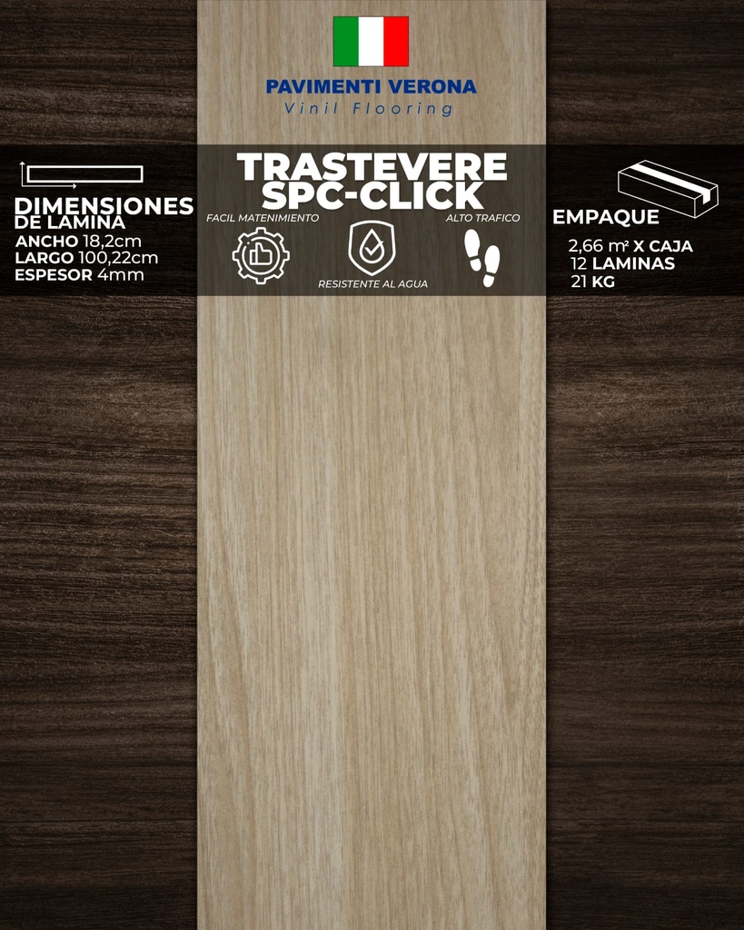 PISOS VINIL PAVIMENTI VERONA (TRASTEVERE - CLICK) 4mm  (2,66m2/Caja)  (Precio/mt² Con Foam, Moldura PVC y RP PVC) 