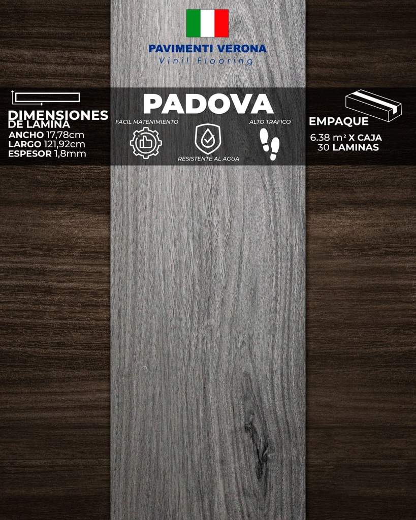 [PV0003] PISOS VINIL PAVIMENTI VERONA (PADOVA) 1,8mm (6,38m2/Caja)  (Precio/mt² Con Pegamento)