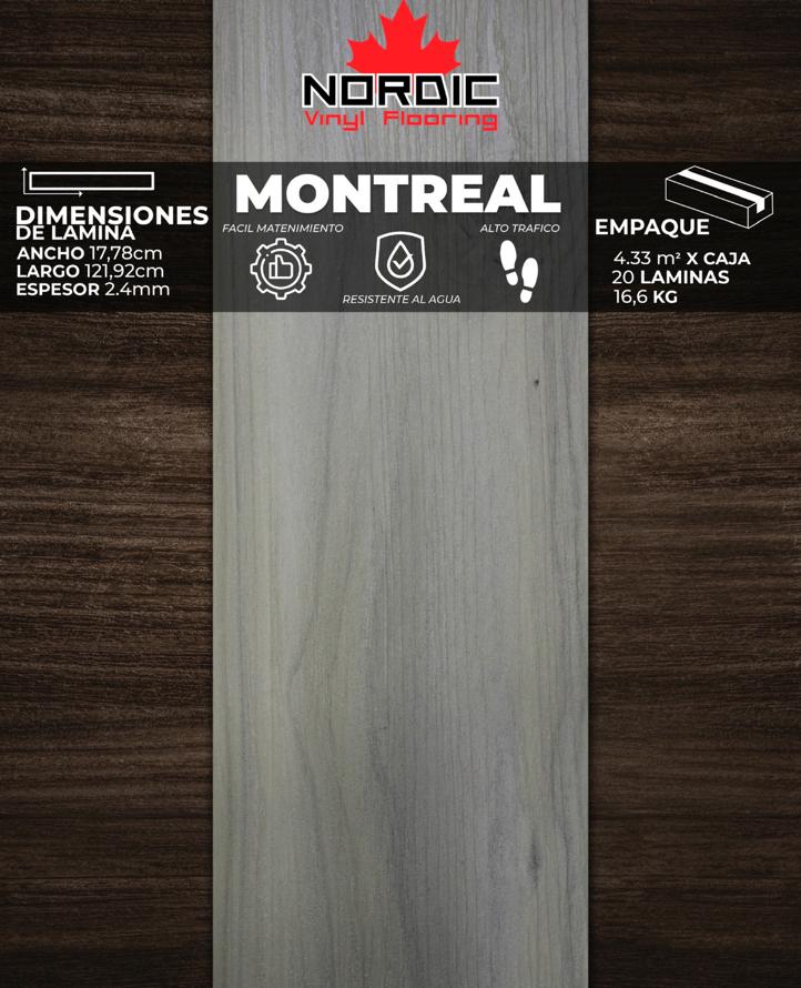 [PV0023] PISOS VINIL NORDIC (MONTREAL) 2,4mm (4,33m2/Caja)  (Precio/mt² Con Pegamento) 