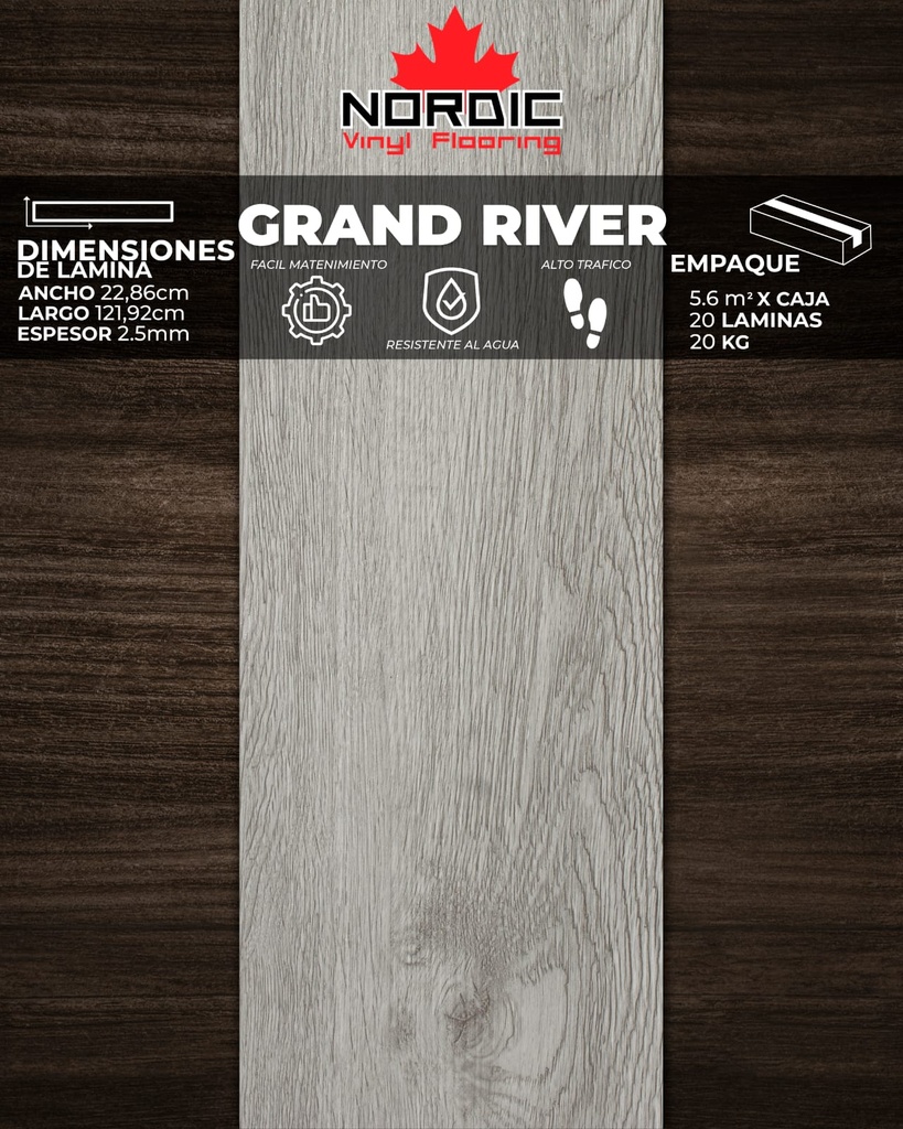[PV0031] PISOS VINIL NORDIC (GRAND RIVER) 2,5mm (5,6m2/Caja) (Precio/mt² Con Pegamento)