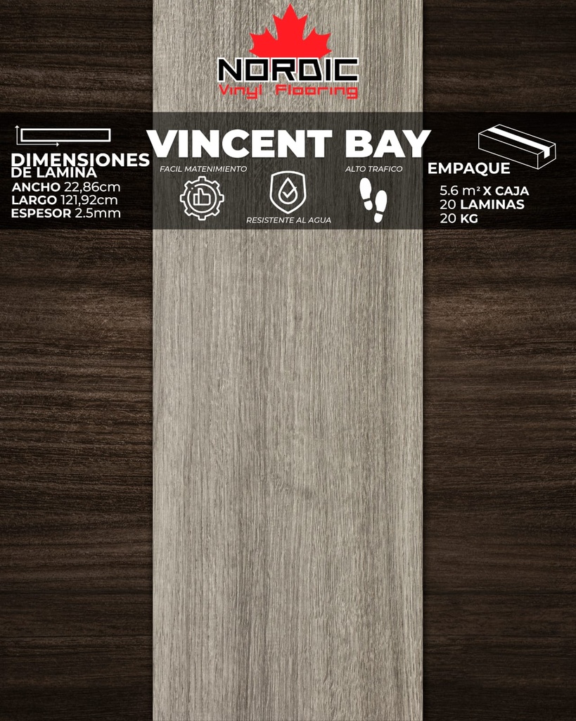 [PV0033] PISOS VINIL NORDIC (VINCENT BAY) 2,5mm (5,6m2/Caja) (Precio/mt² Con Pegamento)