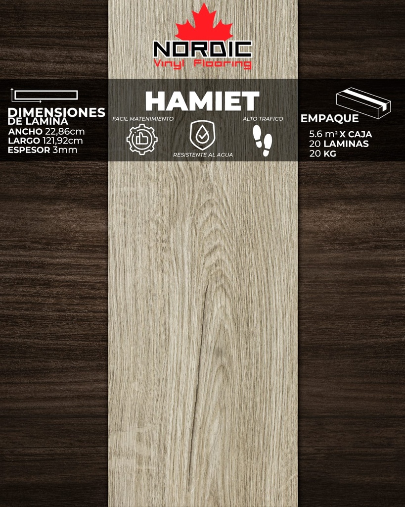 [PV0039] PISOS VINIL NORDIC (HAMLET) 3mm (5,6m2/Caja)  (Precio/mt² Con Pegamento)