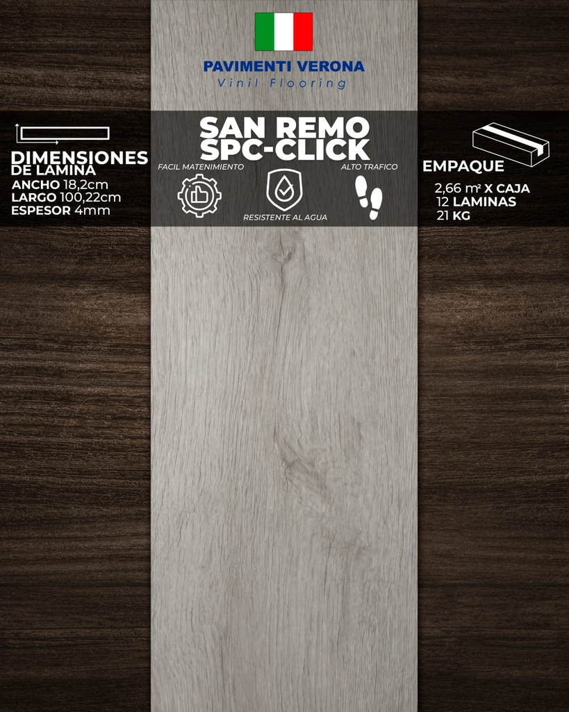 [PV0059] PISOS VINIL PAVIMENTI VERONA  (SAN REMO - CLICK) 4mm  (2,66m2/Caja) (Precio/mt² Con Foam, Moldura PVC y RP PVC) 