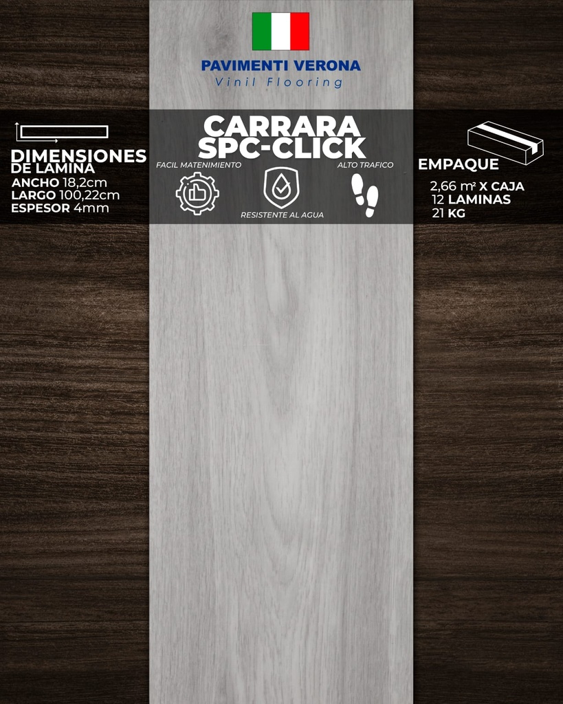 [PV0061] PISOS VINIL PAVIMENTI VERONA (CARRARA - CLICK) 4mm  (2,66m2/Caja) (Precio/mt² Con Foam, Moldura PVC y RP PVC) 
